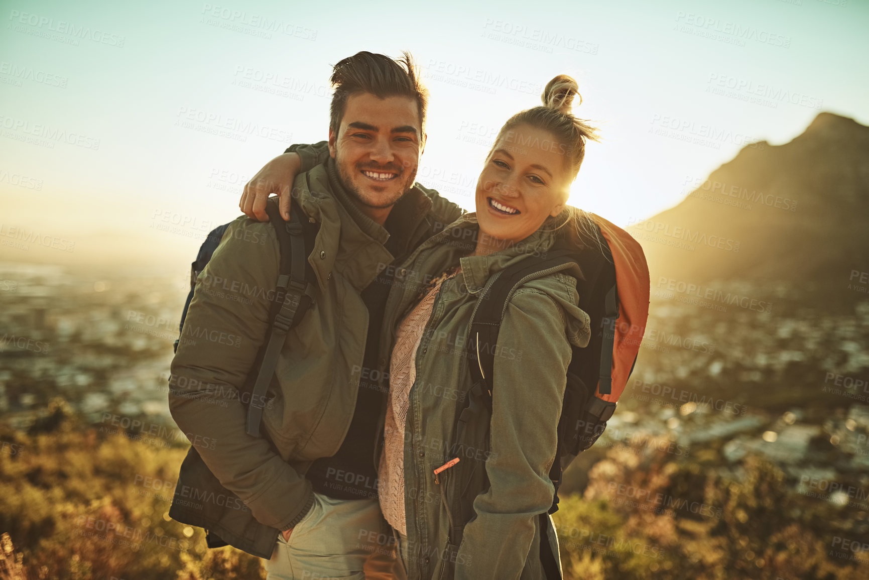 Buy stock photo Couple, hiking and portrait smile on mountain for bonding, exercise and travel adventure in nature. Happy man, woman and outdoor date on cliff with love relationship, sunrise and trekking in Mexico