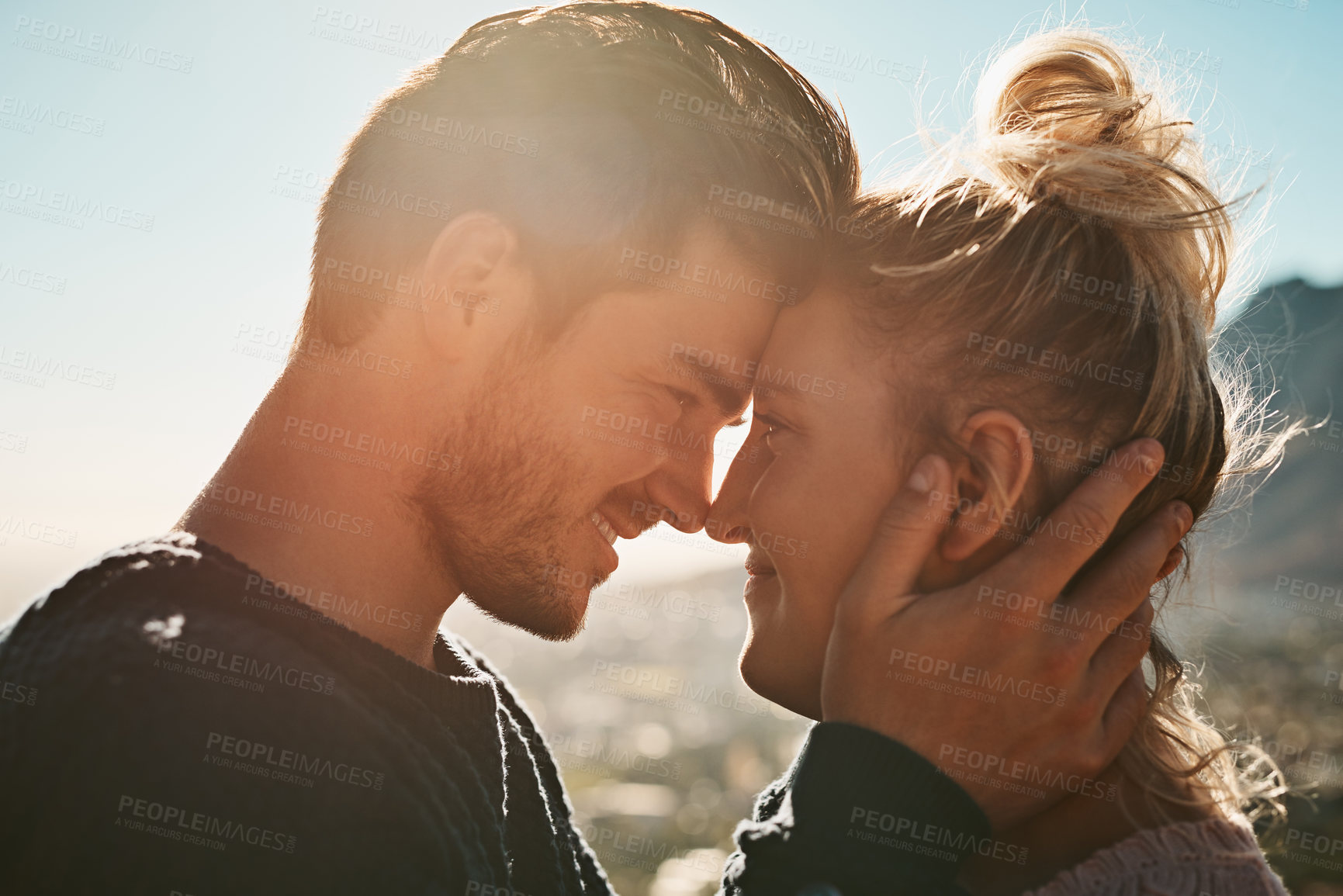 Buy stock photo Couple love, smile and romance on mountain for bonding time, travel adventure and hiking together. Happy man, woman and nature date on cliff with care, trekking and healthy relationship in Mexico