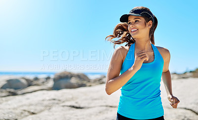 Buy stock photo Fitness, running and happy woman on beach with blue sky, marathon training and outdoor exercise on island. Ocean, smile and girl runner on morning workout in nature for body care, health and wellness