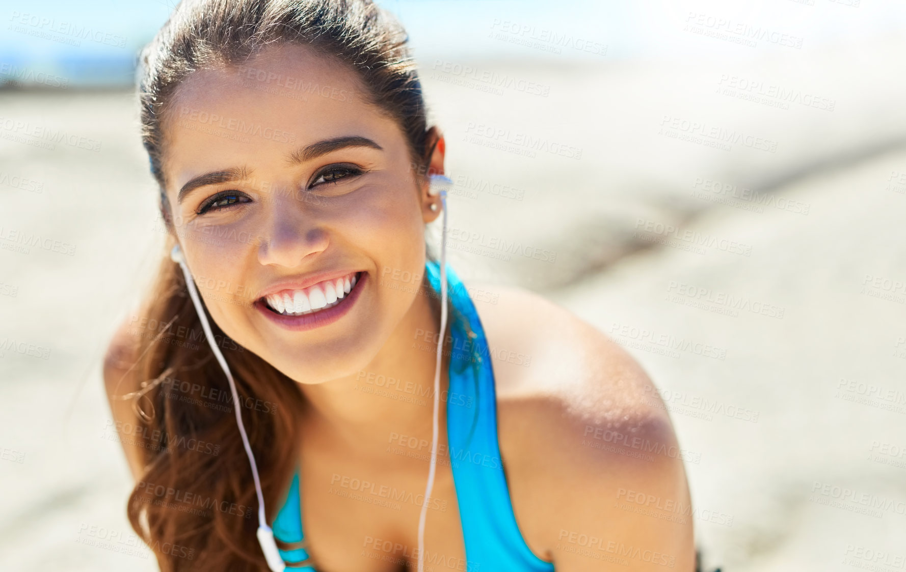 Buy stock photo Earphones, health and portrait of woman by beach for running with music, podcast or radio online. Sports, fitness and athlete streaming workout playlist for cardio exercise for race training by sea.