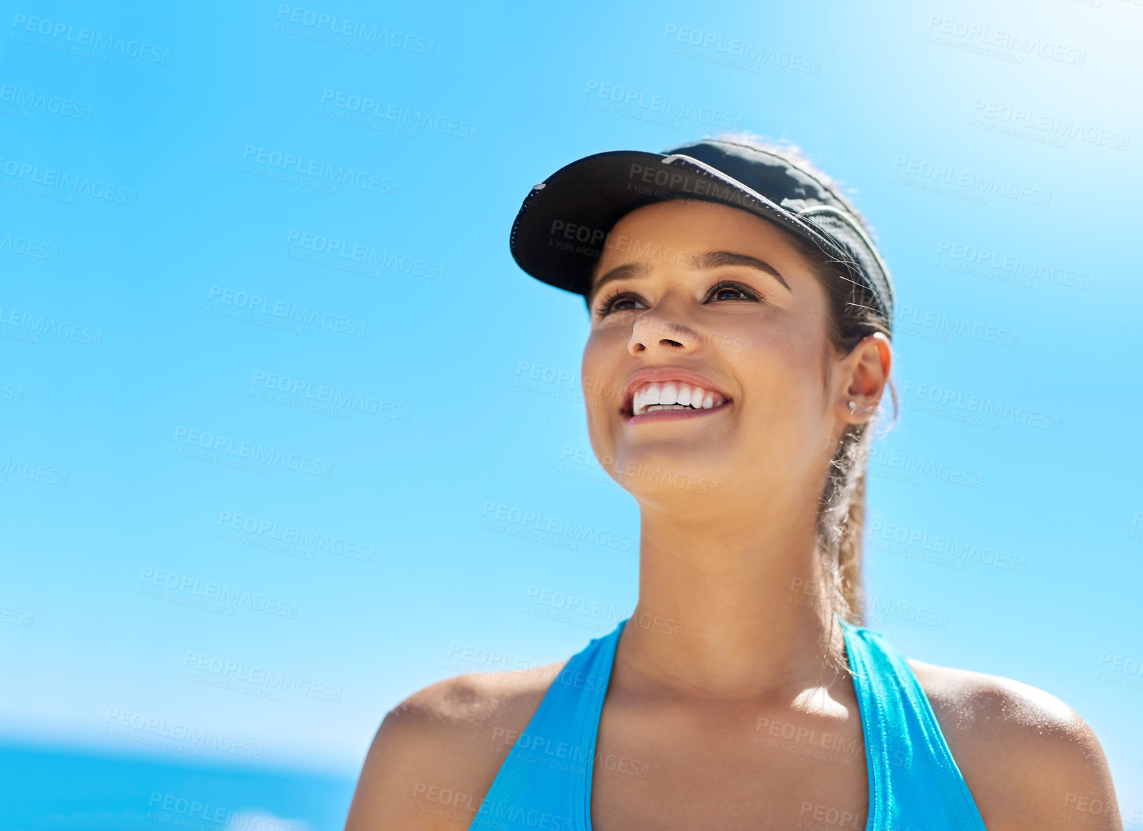 Buy stock photo Thinking, smile and woman at beach for health, summer workout or sports exercise with blue sky. Ocean, happy and female athlete at sea for wellness, fitness and training routine in Miami nature