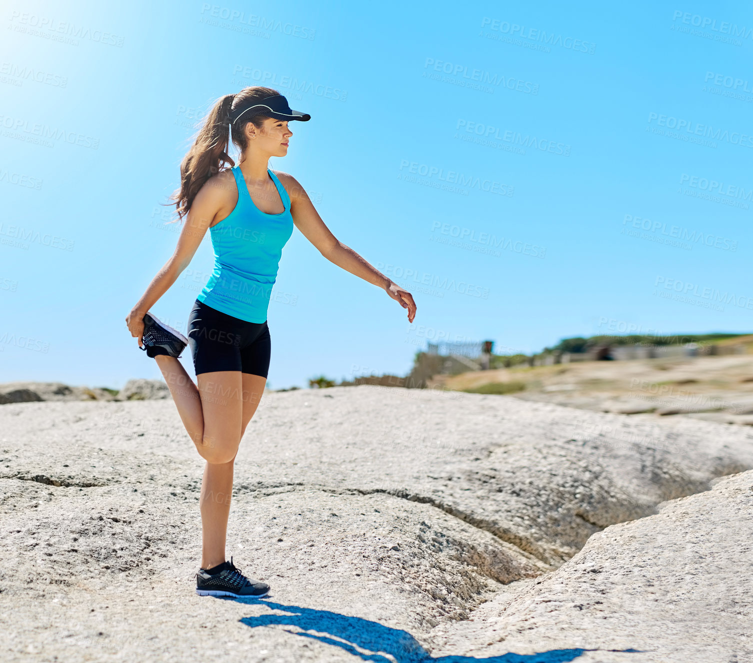 Buy stock photo Stretching, sports and fitness with woman in nature for start, performance and workout. Wellness, health and exercise with person and muscle warm up for running, marathon runner or outdoor training