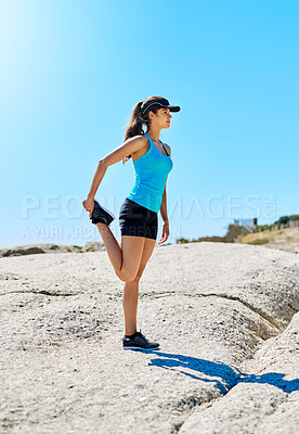 Buy stock photo Fitness, stretching and woman in nature, blue sky and flexibility of leg, serious or mockup space. Outdoor, runner and improve circulation with workout, balance and preparation for marathon or person