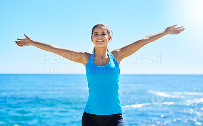 Buy stock photo Portrait, smile and woman at beach for freedom, summer workout or sports exercise with blue sky. Ocean, happy and female athlete at sea for wellness, fitness and training routine in Miami nature