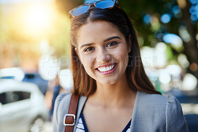 Buy stock photo Cropped portrait of an attractive young woman on her morning commute to work