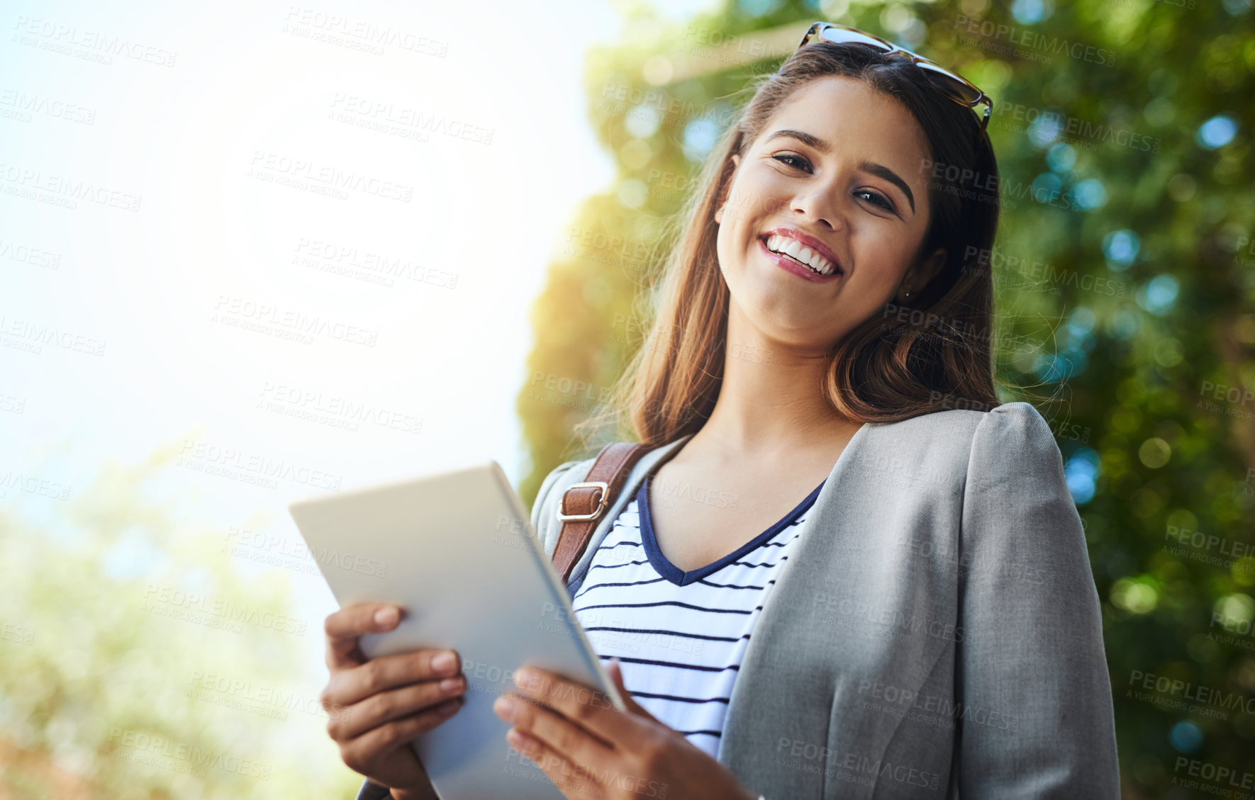 Buy stock photo Tablet, outdoor and portrait of happy businesswoman with email, online or environmental consultant working on project. Smile, face and employee with digital technology for sustainable app in Germany