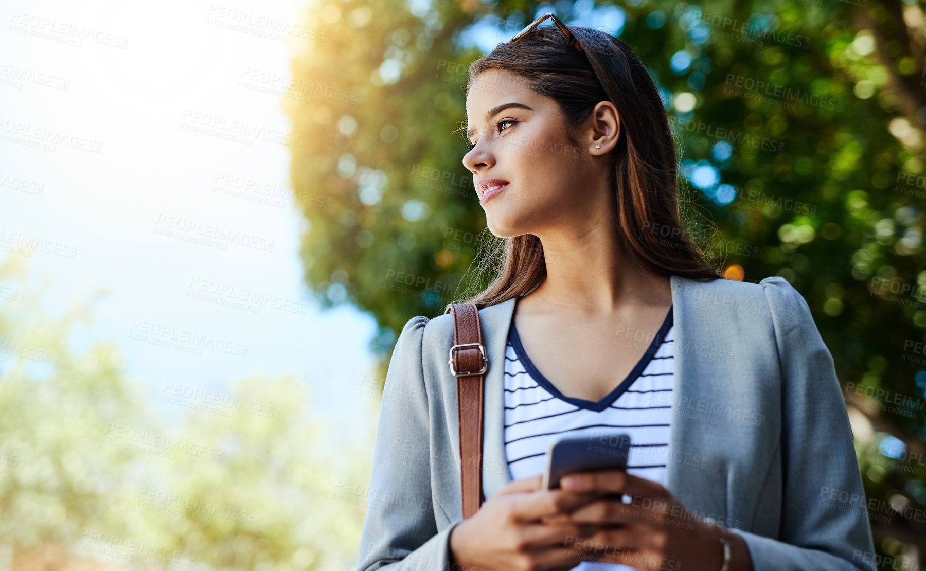 Buy stock photo Phone, thinking and business woman in city with email, communication or message for career. Technology, walking and female financial advisor with cellphone online in urban town commuting to work.