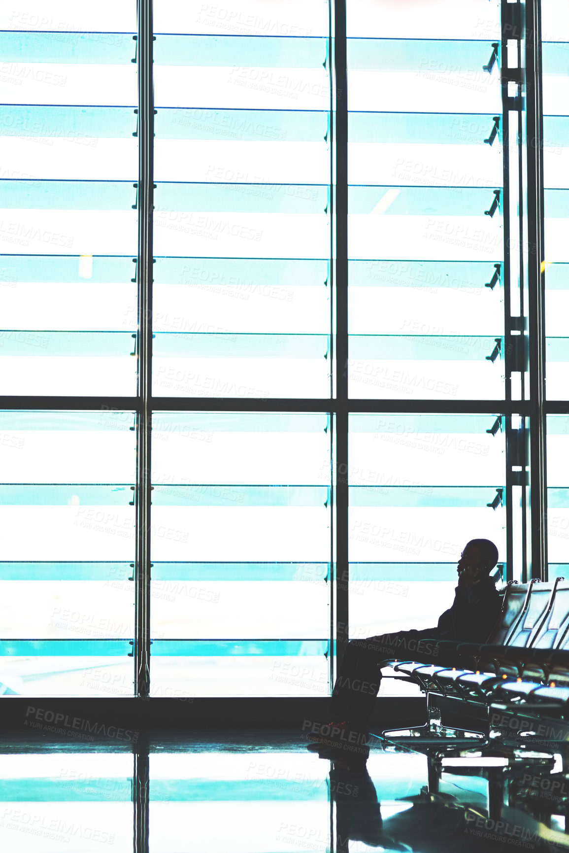 Buy stock photo Airport, lounge and silhouette of businessman with phone call for contact, communication and update on flight. Travel, waiting and person with tech in discussion for company trip, journey and delay