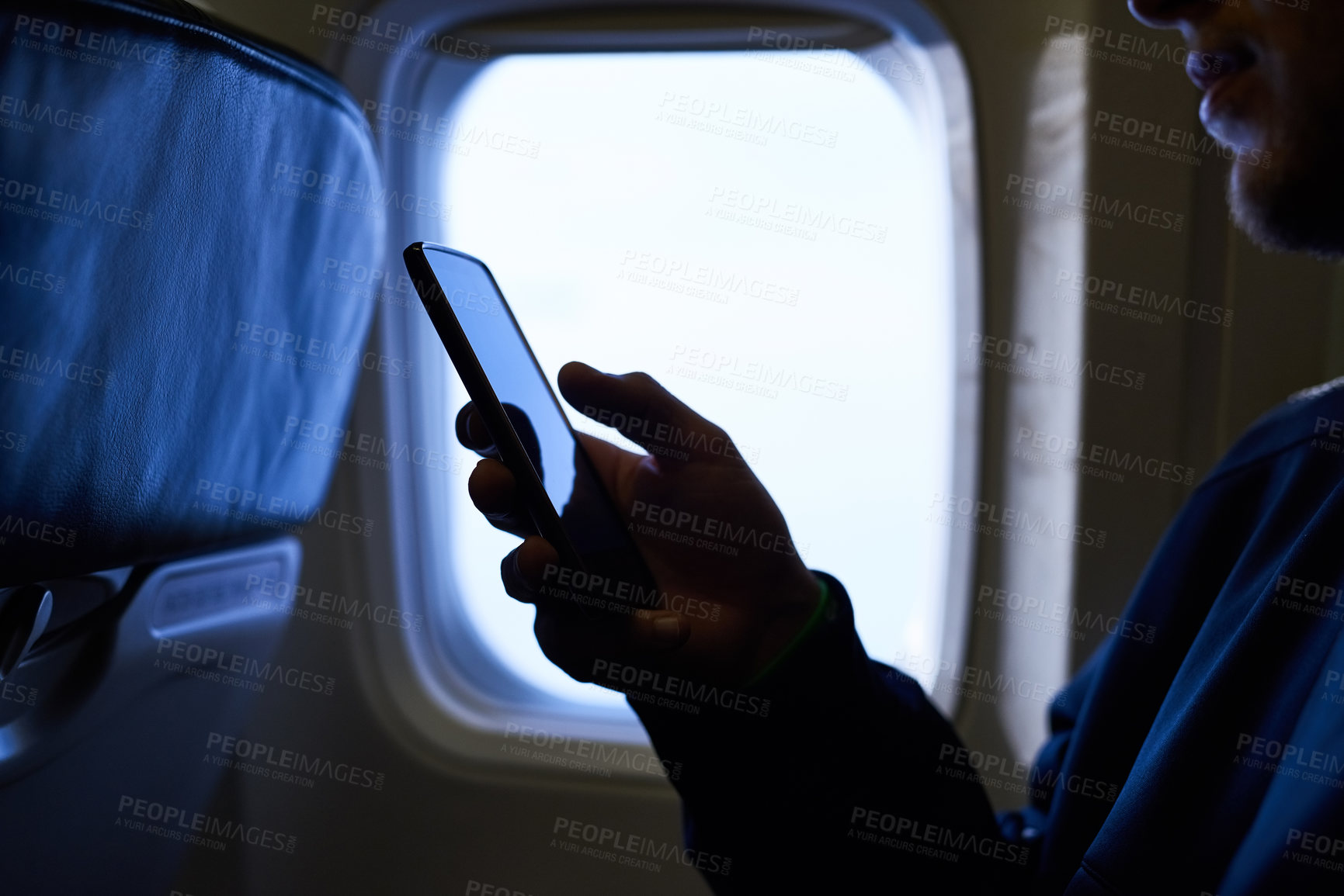 Buy stock photo Man, hands and smartphone in airplane with journey for traveling, social media and networking. Person, traveller and happy on flight to browse internet or website for tourism tips and guideline