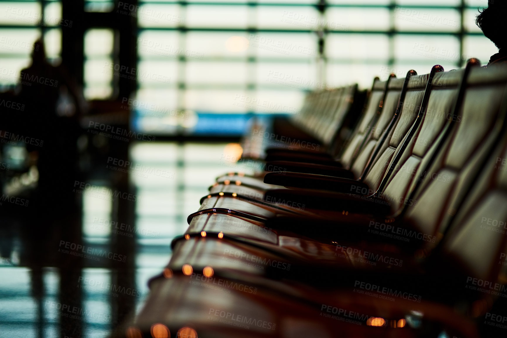 Buy stock photo Seats, chairs and waiting area in silhouette at airport lounge for business, vacation or immigration. Empty row, layover and departures for flight, trip and travel for destination, terminal or delay