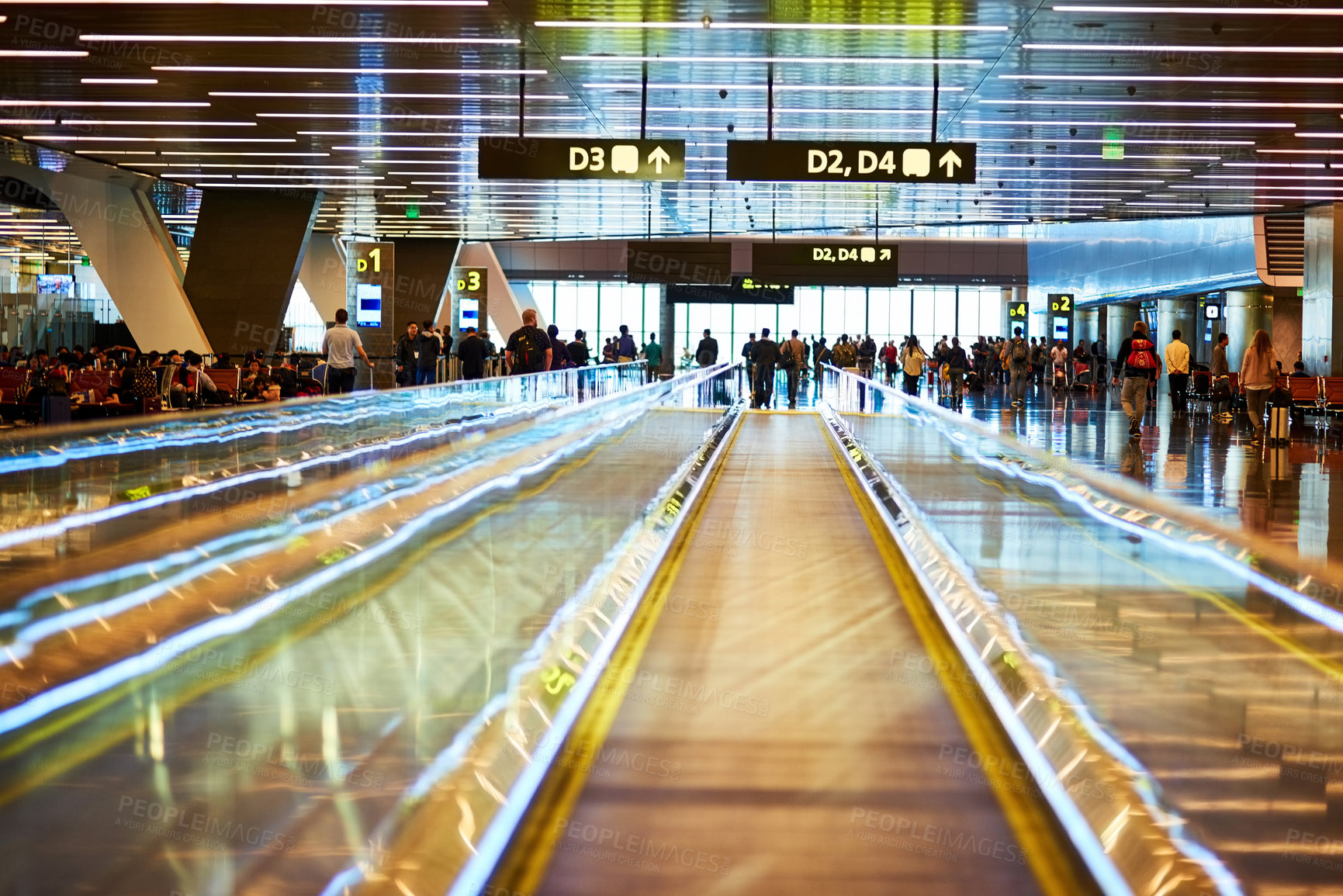 Buy stock photo People, airport and mobile walkway or terminal in lobby as waiting area for passenger and traveller in Dubai. Crowd, luggage and boarding on immigration for international or global travel for trip