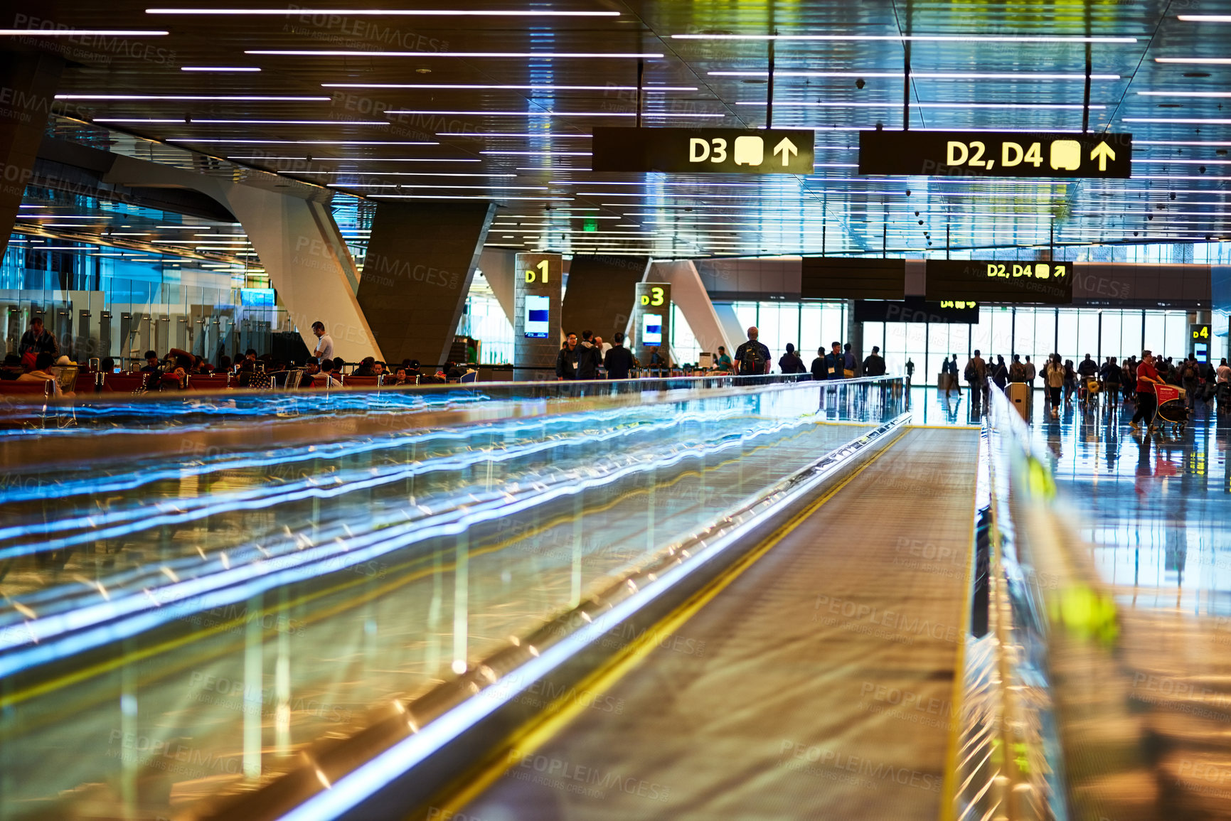 Buy stock photo Travel, airport and terminal for departure or arrival with boarding gate, signage or passenger for immigration. Walkway, path and people in waiting area for international flight or delay in flight