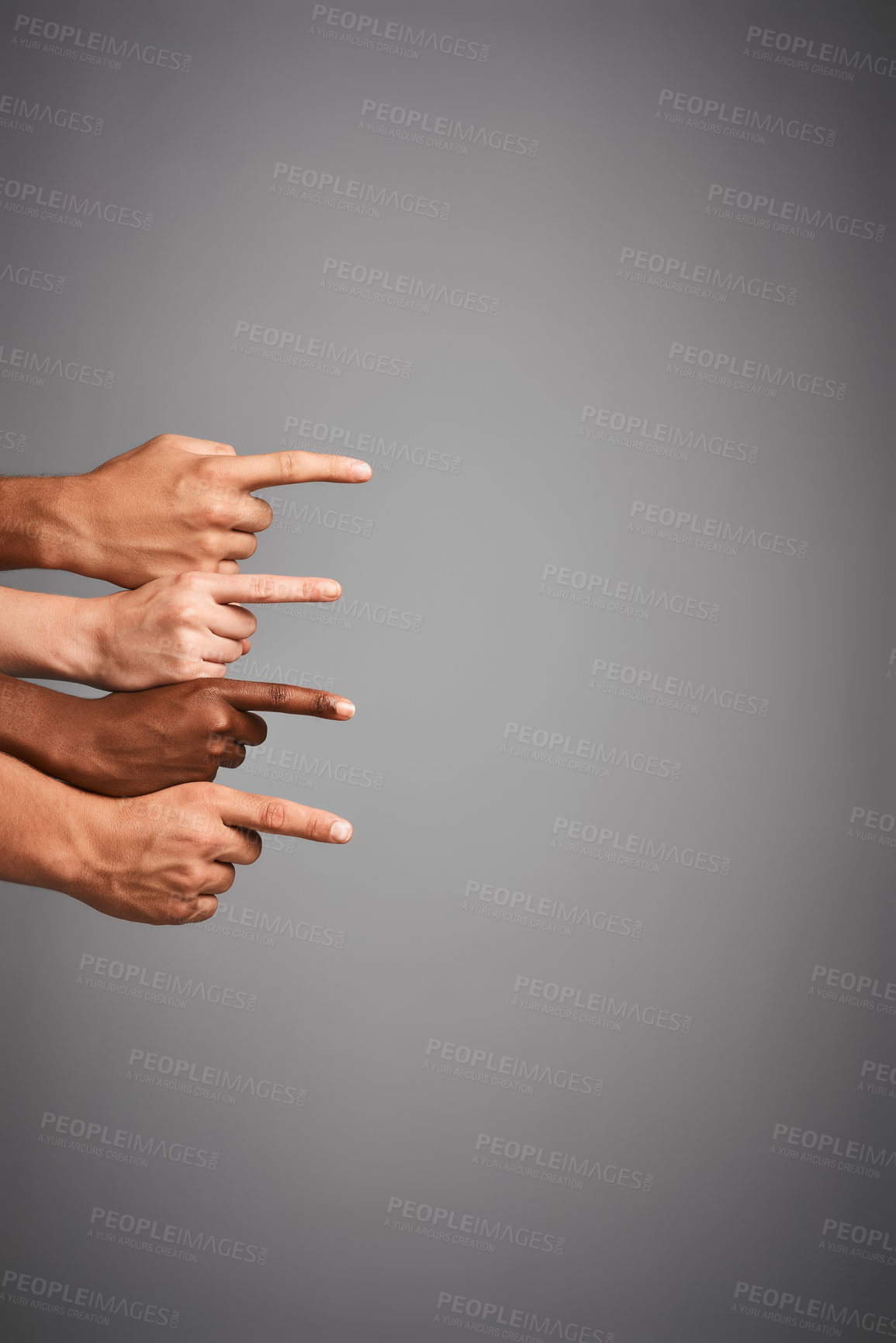 Buy stock photo Hands, closeup and pointing to direction in studio for offer, decision or marketing isolated on gray background. Fingers, people and gesture for promotion, ads and group show mockup space for choice