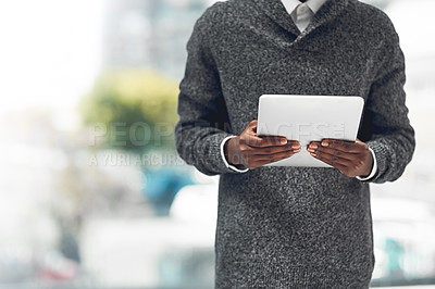 Buy stock photo Businessman, hands and browsing with tablet for online research, news or network at office. Closeup of man or creative employee with technology for innovation, development or startup at workplace