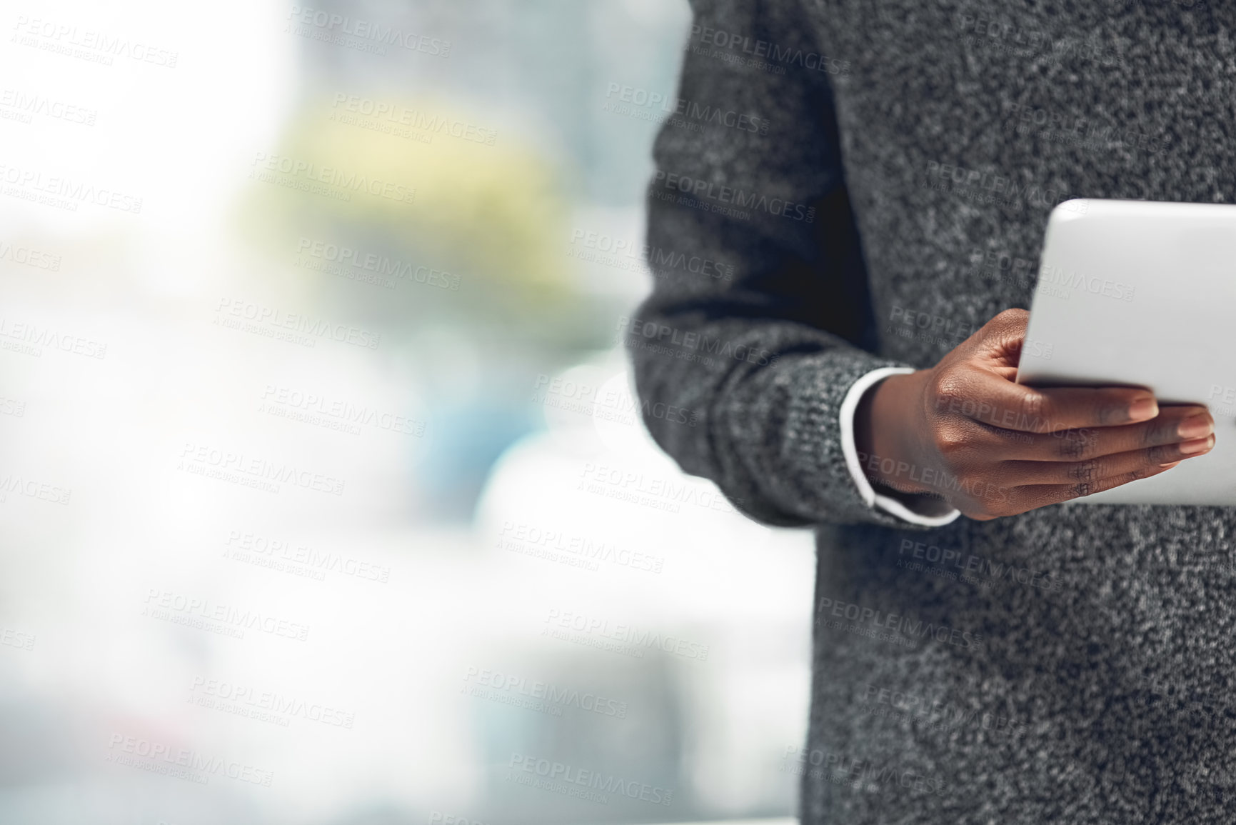 Buy stock photo Business person, hands and research with tablet for online browsing, news or network at office. Closeup of creative employee holding technology for development or startup at workplace on mockup space