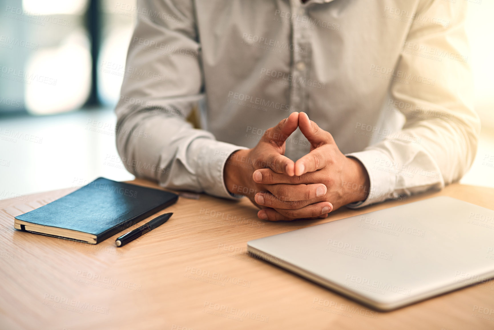 Buy stock photo Hands, notebook and person at desk in office by laptop, meeting or interview at agency for advice. Manager, onboarding and human resources for recruitment with computer, book or business consultation