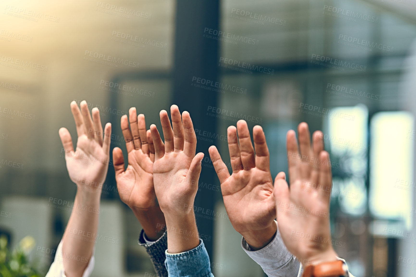 Buy stock photo Group, hands raised and business people with question in office for volunteer, agreement or support. Audience, crowd and vote with staff at workshop for training, feedback or answer orientation query