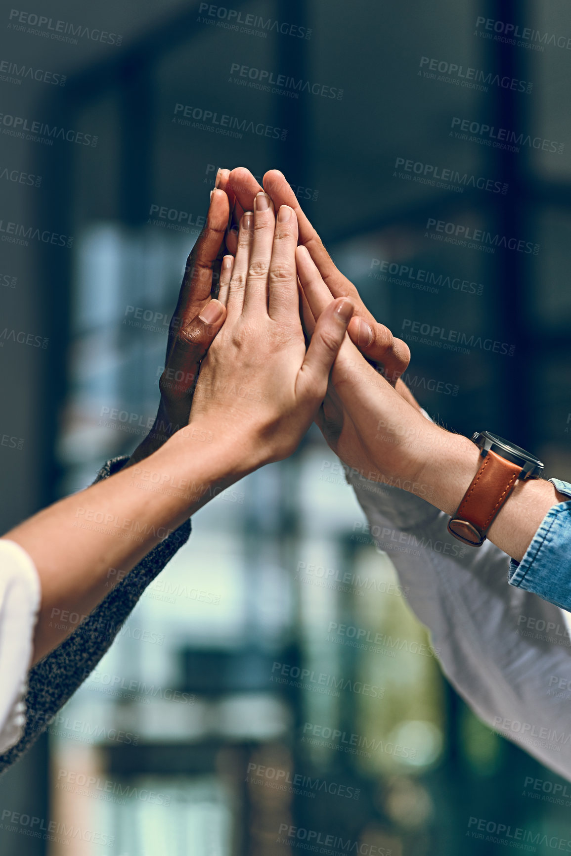 Buy stock photo Celebration, business people and hands in office for high five, team and success for creative agency. Unity, employees or designers in collaboration for achievement, support and cheers for well done