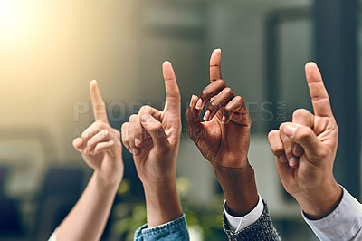 Buy stock photo Business people, fingers and answer question in office, feedback and emoji for vote with sign. Employees, team building and hand up for problem solving or solution, workshop and staff opinion