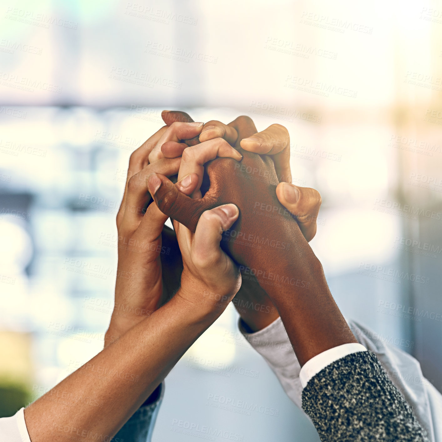 Buy stock photo Motivation, business people and hands up in office for diversity, inclusion and acceptance for equal opportunity. Holding gesture, employees and team with solidarity for group, awareness and support