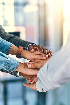 Buy stock photo Business people, hands and huddle in office for success, support and equality with motivation for career. Creative agency, employees and stack in collaboration for solidarity, team building and goals