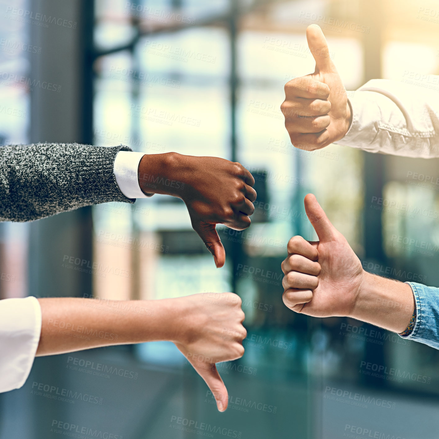 Buy stock photo Hands, thumbs up and down with business people for vote, decision and startup choice for creative agency. Office, teamwork and managers with reaction gesture for yes, no and rejection by flare