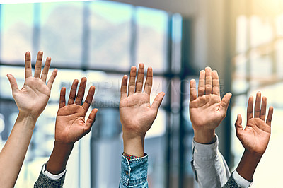 Buy stock photo Group, hands palm and diversity people in a office meeting with question at work. Collaboration, teamwork job and solidarity of worker with arms and hand raised in workplace with team community