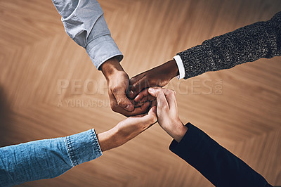 Buy stock photo Teamwork, link or hands of business people for diversity, community support or planning startup strategy. Vision, above or employees in group collaboration with faith, help or hope for goals together