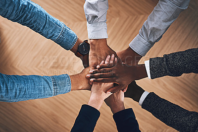 Buy stock photo Diversity, faith or hands of business people in support for love, teamwork or community strategy in office. Closeup, above or employees in group collaboration with hope or mission for goals together
