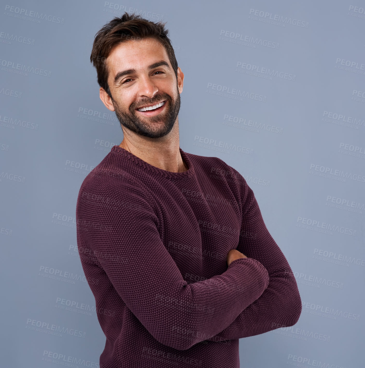 Buy stock photo Studio, smile  and sweater for man, fashion and confidence in mockup space, pride and cardigan in winter. Gray background, portrait and person in Miami, happy or comfortable in clothes, joy or jersey