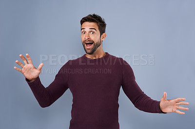 Buy stock photo Studio, announcement and man with shock, face and gossip of discount, wow and and rumor in mockup space. Blue background, portrait and person with surprise, news and fashion for clothes and cardigan