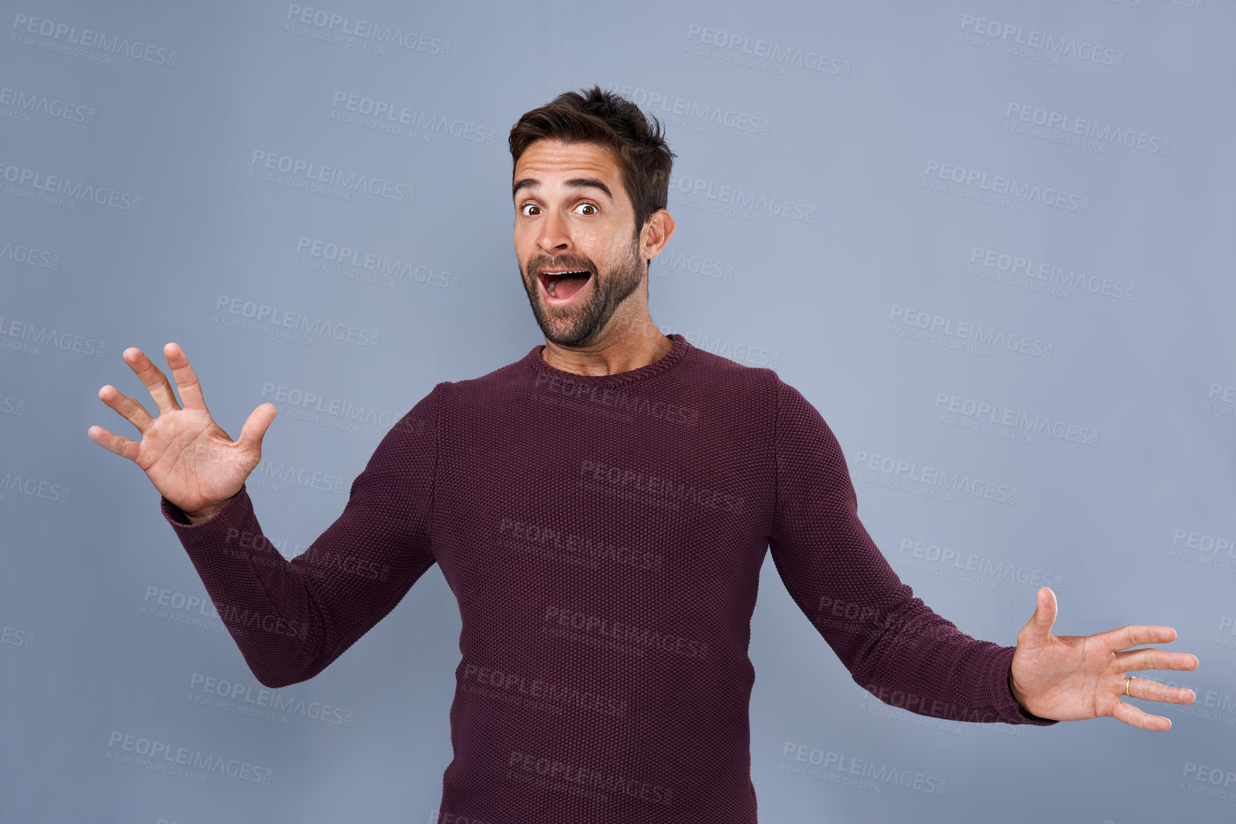 Buy stock photo Studio, announcement and man with shock, face and gossip of discount, wow and and rumor in mockup space. Blue background, portrait and person with surprise, news and fashion for clothes and cardigan