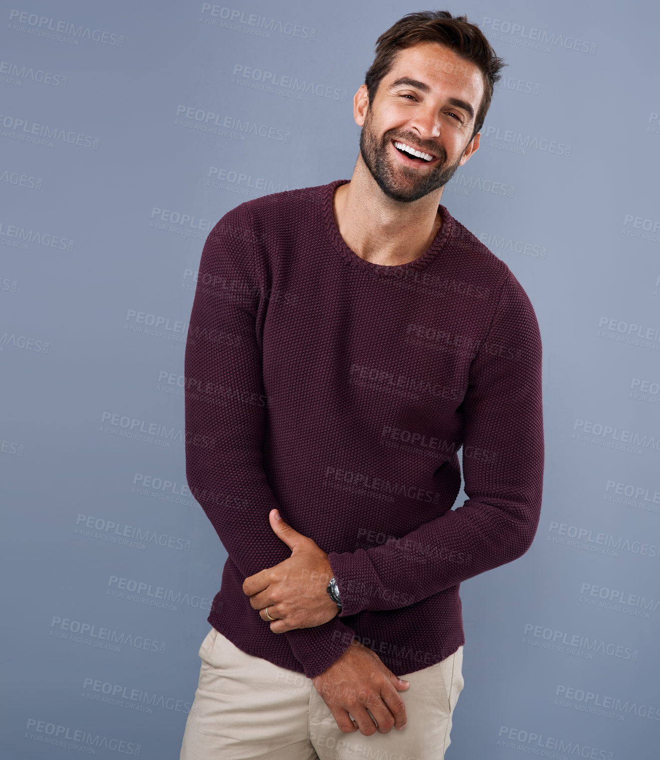 Buy stock photo Studio, joy and portrait of man, confidence and sweater in mockup space, pride and cardigan in winter. Blue background, funny and person in Miami, laughing or comfortable in clothes, happy and jersey