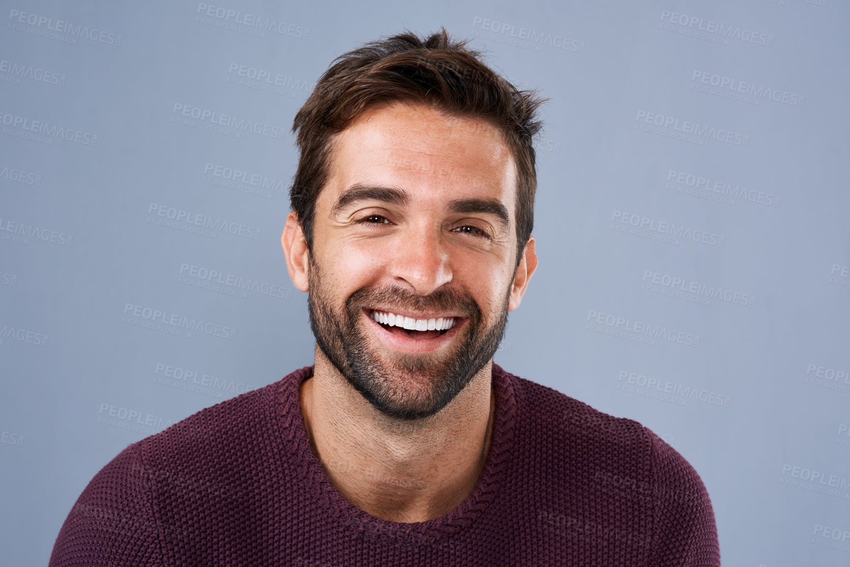 Buy stock photo Happy, employee and face of man, studio and proud with career in media, creative and cheerful in New York. Blue background, portrait and confidence of journalist, person and staff in business of USA