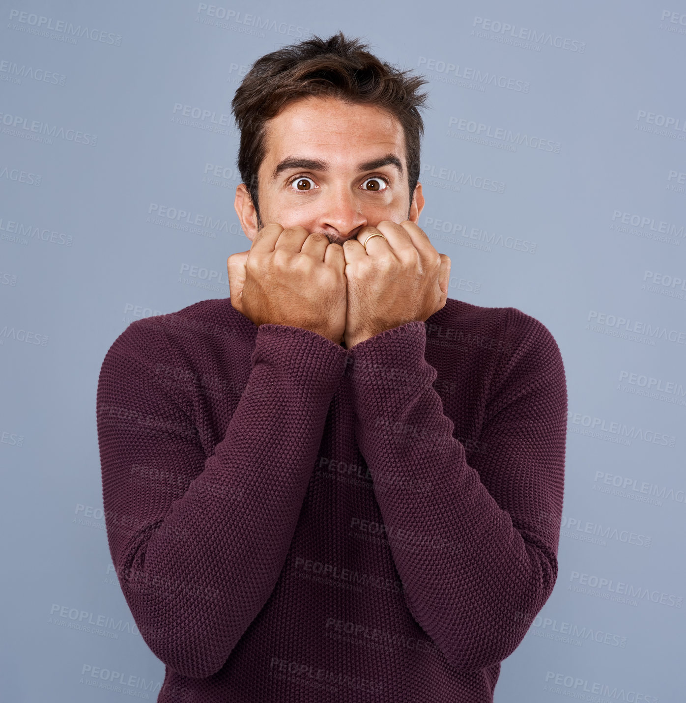 Buy stock photo Scared, thinking and phobia of man in studio, anxiety and biting of nails for stress, worry and fear. Gray background, mockup space and person with terror for nightmare of fail in test of college