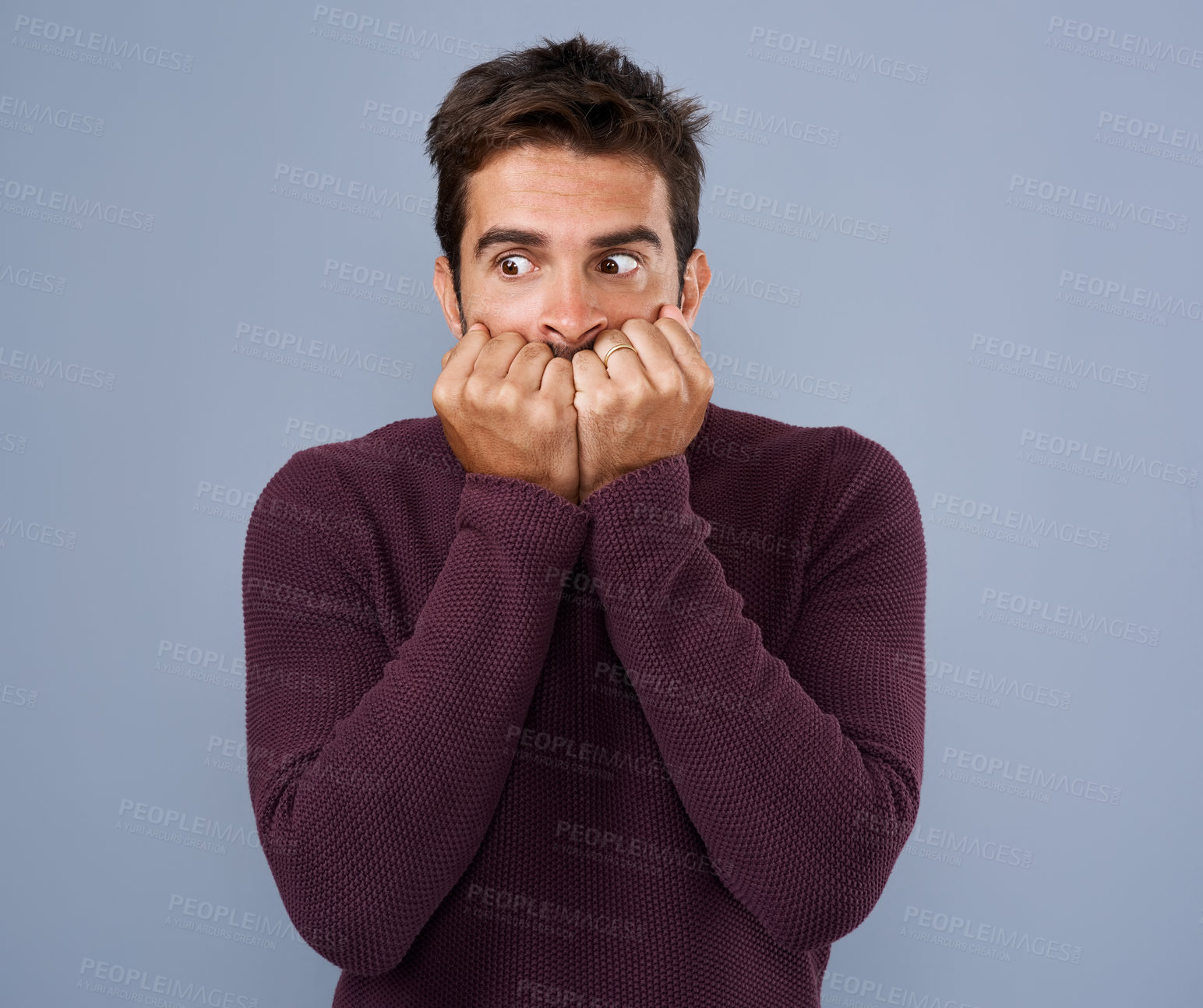 Buy stock photo Fear, thinking and phobia of man in studio, anxiety and biting of nails for stress, worry and scared. Gray background, mockup space and person with terror for nightmare of fail in test of college