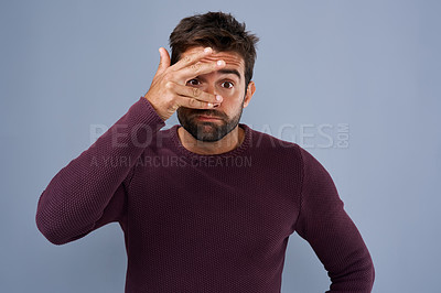 Buy stock photo Shame, employee and man with cover on face and mistake in headline of news, sad and stress for job. Blue background, journalist and person with hiding of eye, portrait  and embarrassed of work in USA