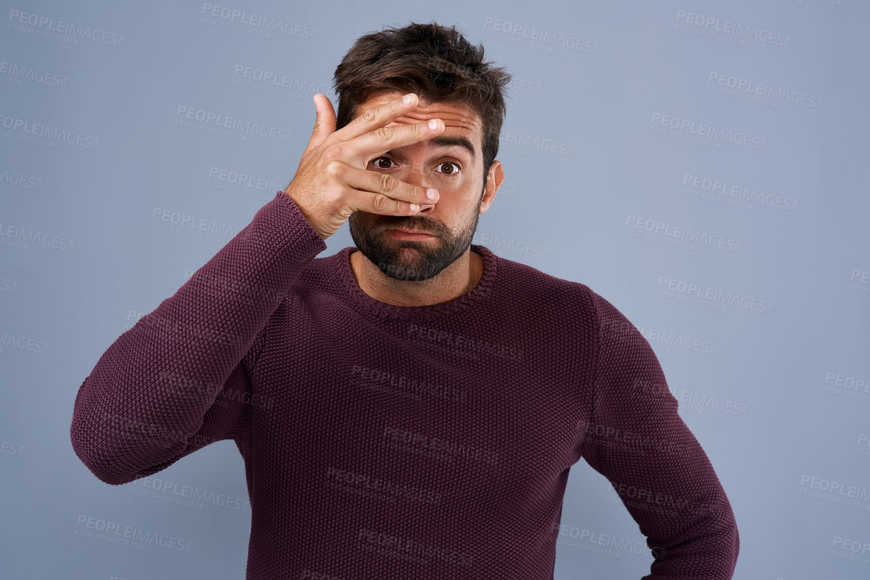 Buy stock photo Shame, employee and man with cover on face and mistake in headline of news, sad and stress for job. Blue background, journalist and person with hiding of eye, portrait  and embarrassed of work in USA