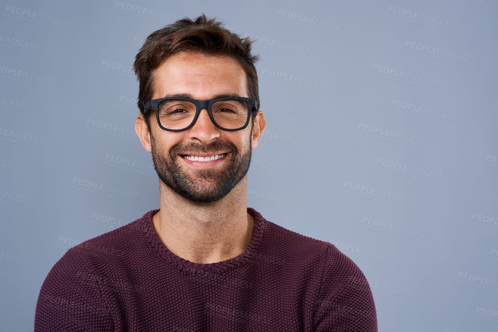 Buy stock photo Studio, glasses and man with portrait, proud and wellness with eye care, product and lens for vision. Blue background, face and happiness for person, prescription and eyewear with fashion in USA