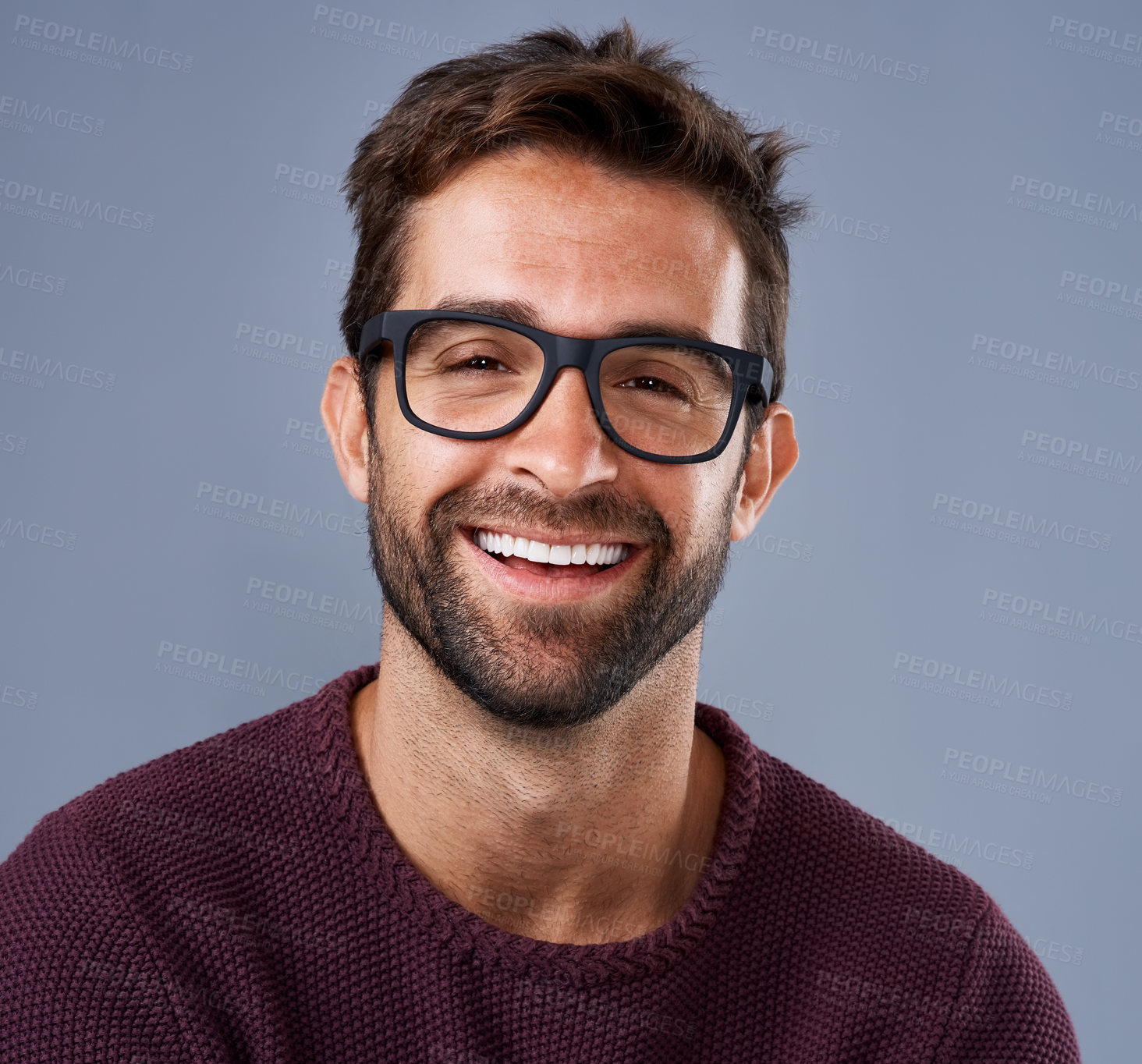 Buy stock photo Portrait, happy and man in glasses on studio background for startup business with smart and intelligent face. Creative worker, entrepreneur or IT expert with smile for eye care, vision or confidence