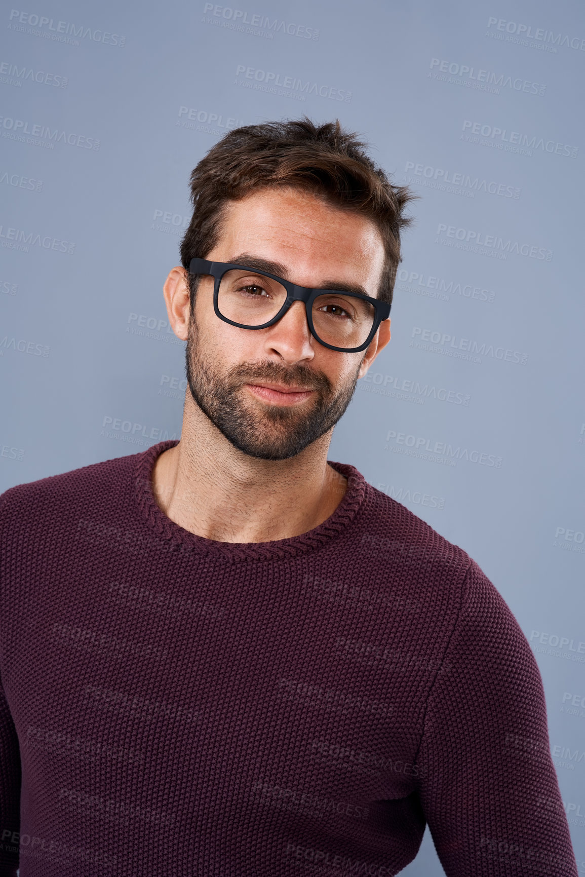 Buy stock photo Studio, glasses and man with frame, portrait and wellness with eye care, product and lens for vision. Blue background, face and happiness for person, prescription and eyewear with fashion in USA