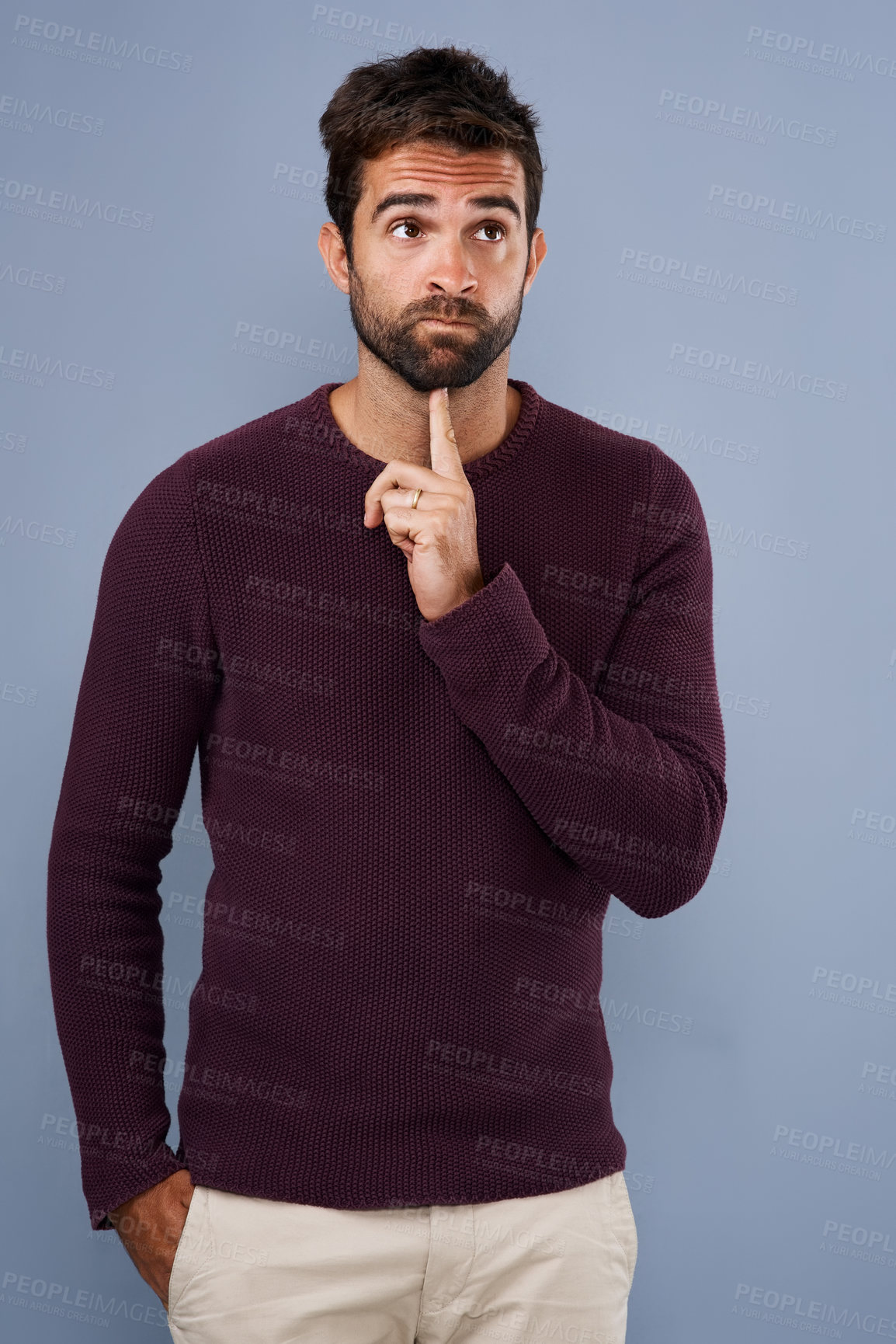 Buy stock photo Thinking, wonder and man in studio with unsure, uncertain and thoughtful on gray background in studio. Doubt mindset, mockup space and face of male person thoughtful for decision, choice and question