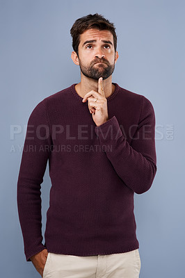Buy stock photo Doubt, thinking and thoughtful man in studio with unsure, uncertain and ideas on gray background. Wondering, mockup space and face of male person with curious pose for decision, choice and question