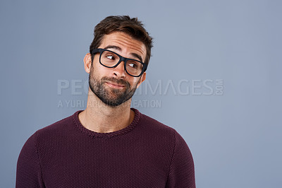 Buy stock photo Mockup, thinking and face of man in studio with announcement, information and news space. Wondering, thoughtful mock up and male person looking for decision, choice and question on gray background