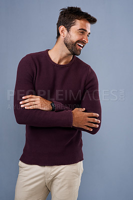 Buy stock photo Business man, laughing and happy with arms crossed for corporate joke, funny client or comic story. Professional employee, person or smile with confidence, career pride and humor on studio background