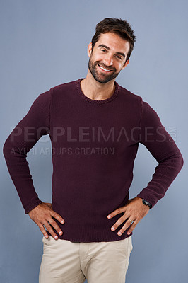 Buy stock photo Man, studio and portrait with smile, fashion and confidence with trendy style by background. Person, model and happy with pride, clothes and isolated in casual outfit with sweatshirt in Australia 