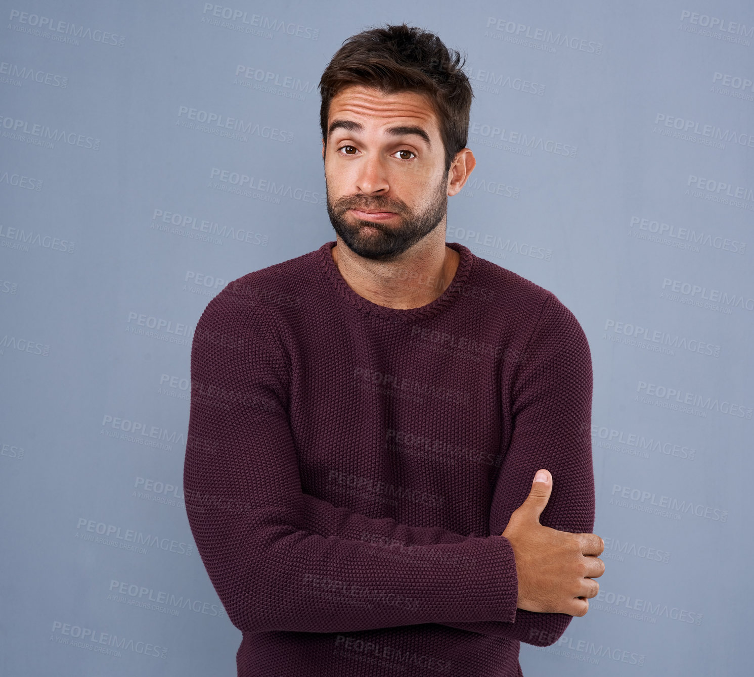 Buy stock photo Unsure, confused and portrait of man in studio with confused, uncertain and thoughtful on blue background. Thinking, mockup space and face of male person skeptical for decision, choice and question