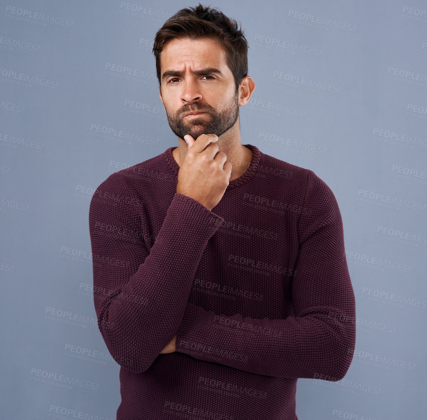 Buy stock photo Thinking, confused and portrait of man in studio with unsure, uncertain and thoughtful on gray background. Doubt, mockup space and face of male person skeptical for decision, choice and question