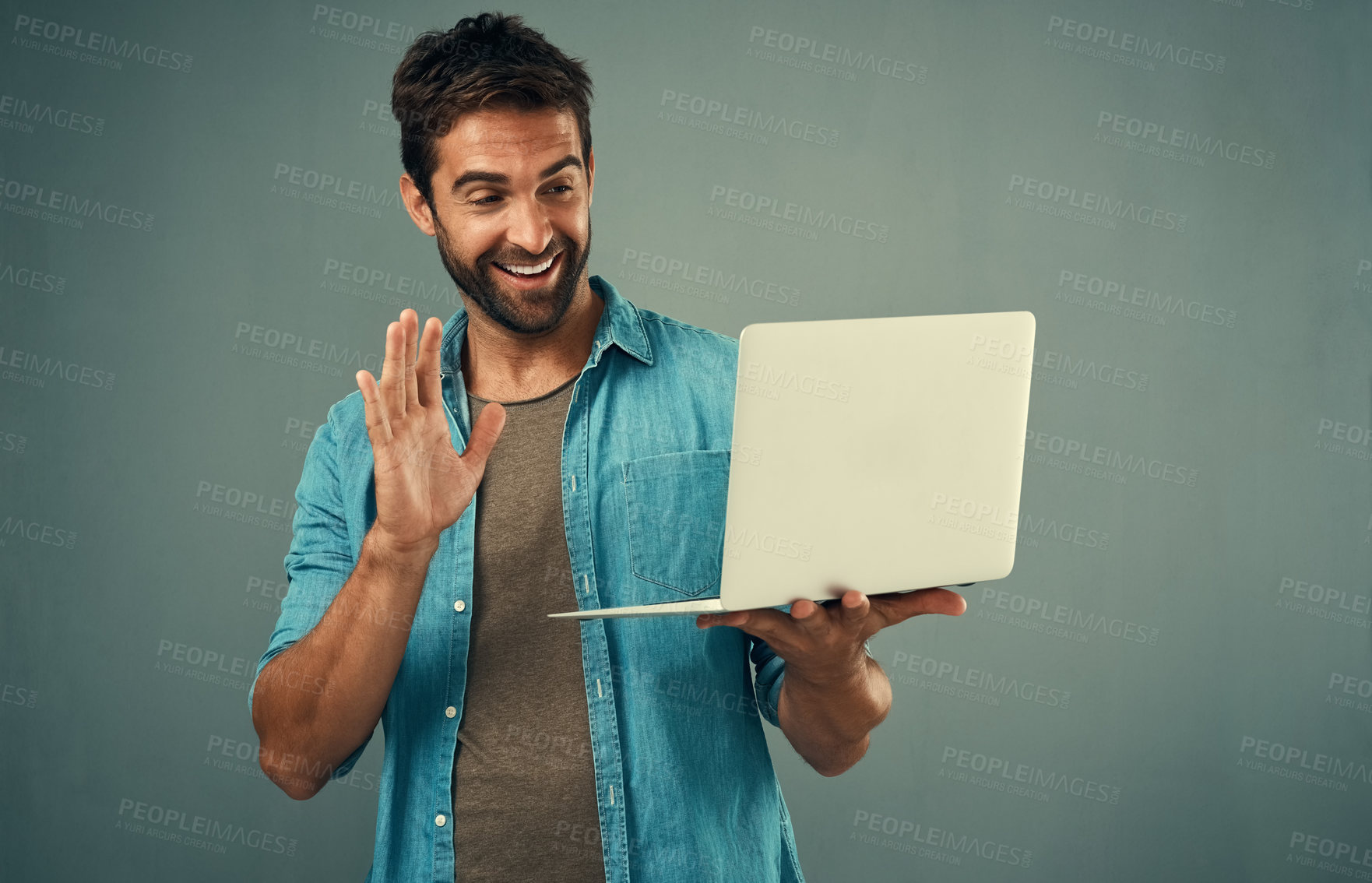 Buy stock photo Happy, businessman and wave at laptop for video call or virtual meeting with communication isolated in studio. Smile, male perosn or employee with computer for networking, online interview or webinar
