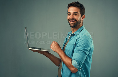 Buy stock photo Studio, portrait and business man with laptop for research, planning and access information on internet. professional career, connect and web designer for online, software update and gray background